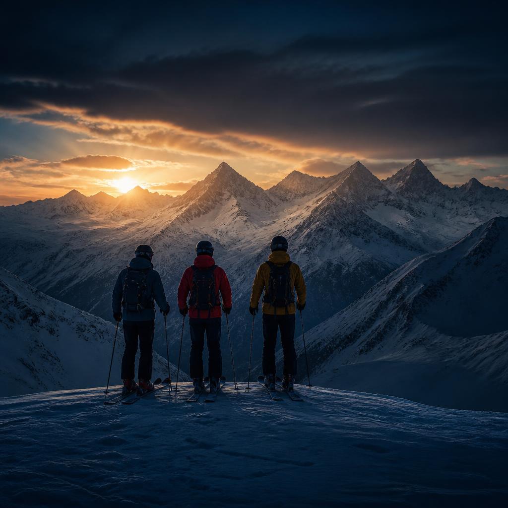 Gruppo di sciatori di spalle che osserva le vette innevate al tramonto
