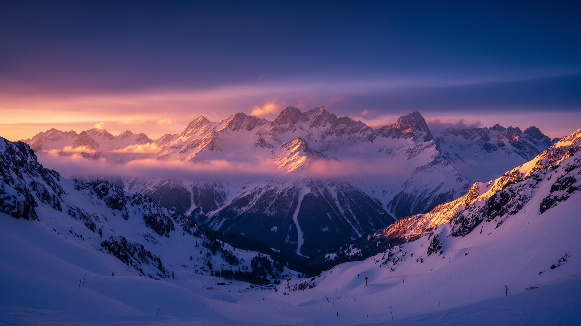 Vette innevate al tramonto, scenario delle esperienze sulla neve Ski Mastery